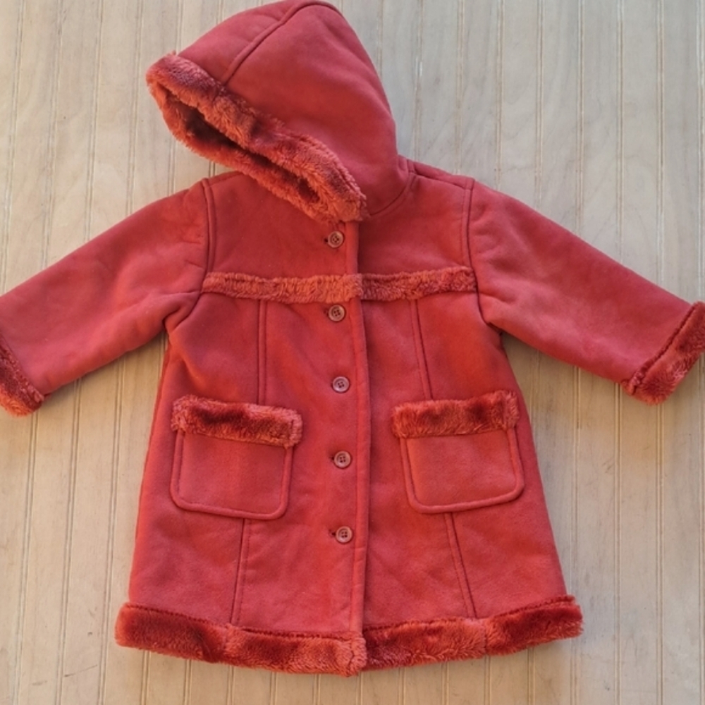 Vintage Baby Gap Red Hooded Faux Shearling Warm Dressy Long Coat 18-24m